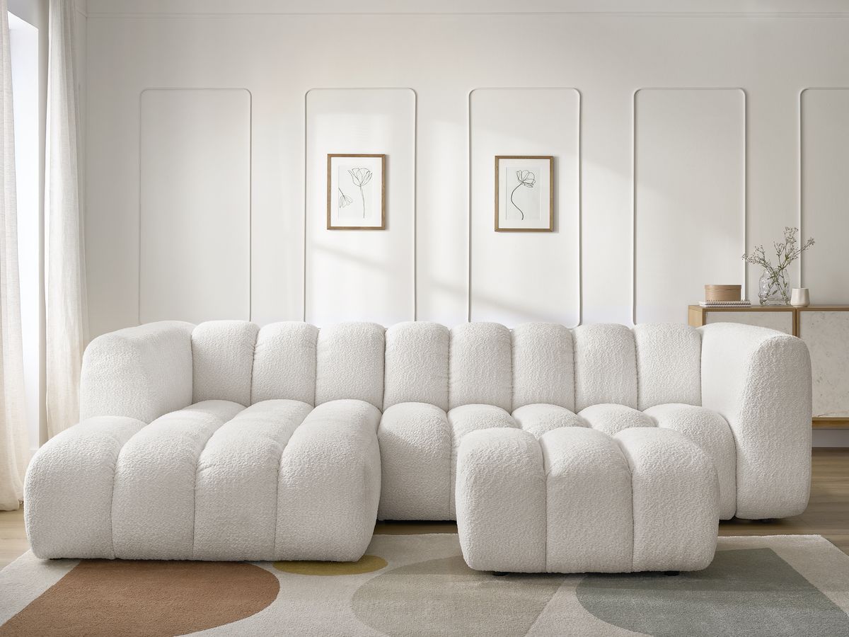 Canapé d'angle fixe TALIA tissu bouclette avec pouf blanc angle gauche BOBOCHIC 4 places - Vue supplémentaire 3