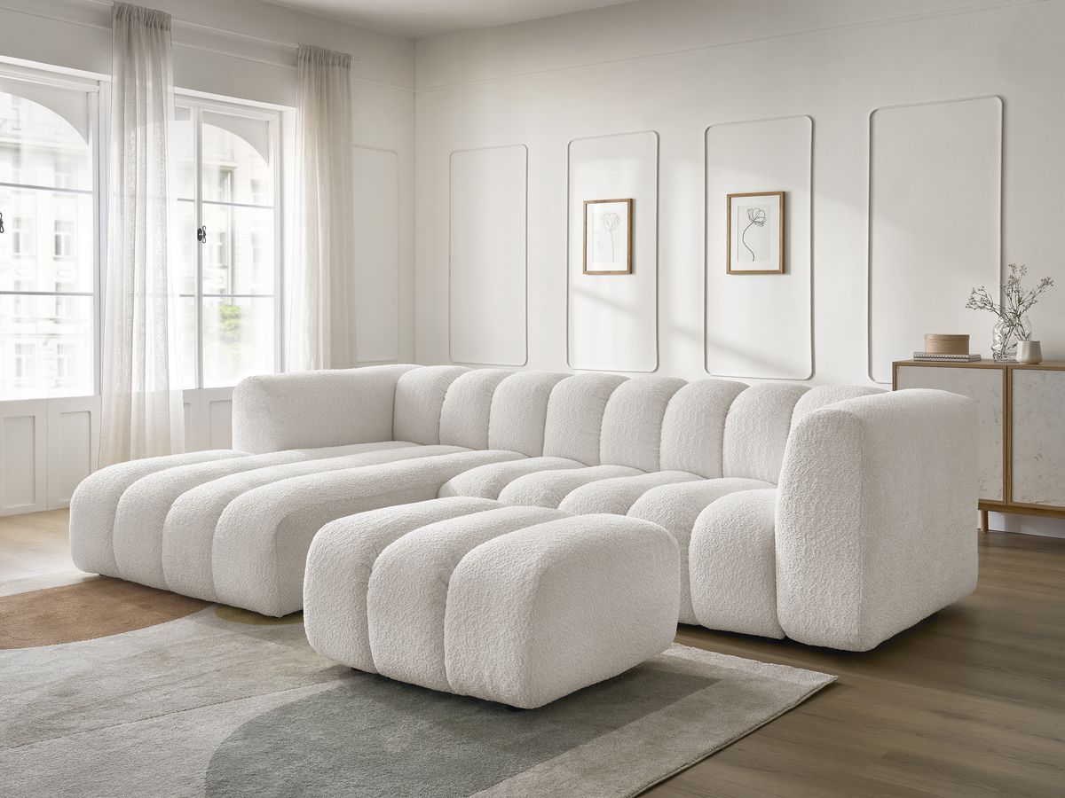 Canapé d'angle fixe TALIA tissu bouclette avec pouf