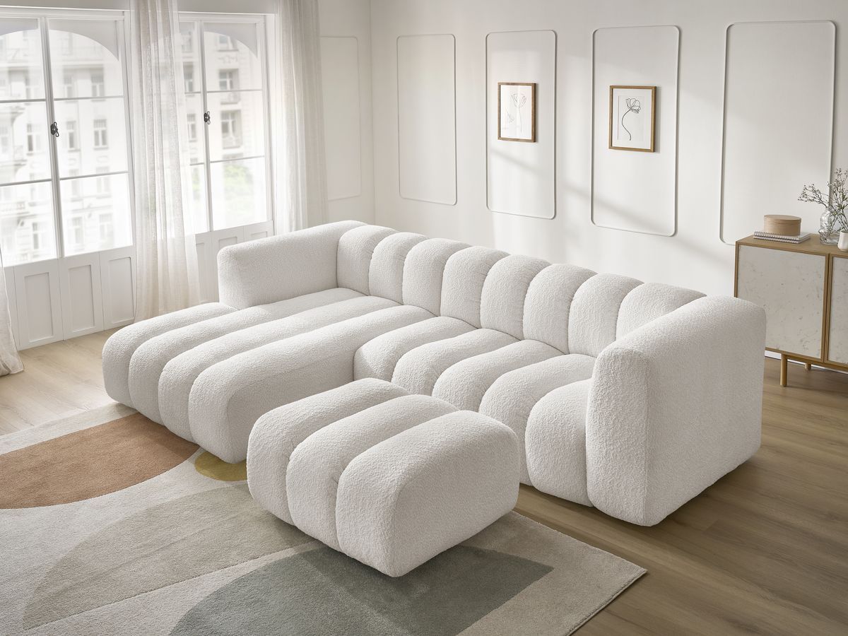 Canapé d'angle fixe TALIA tissu bouclette avec pouf
