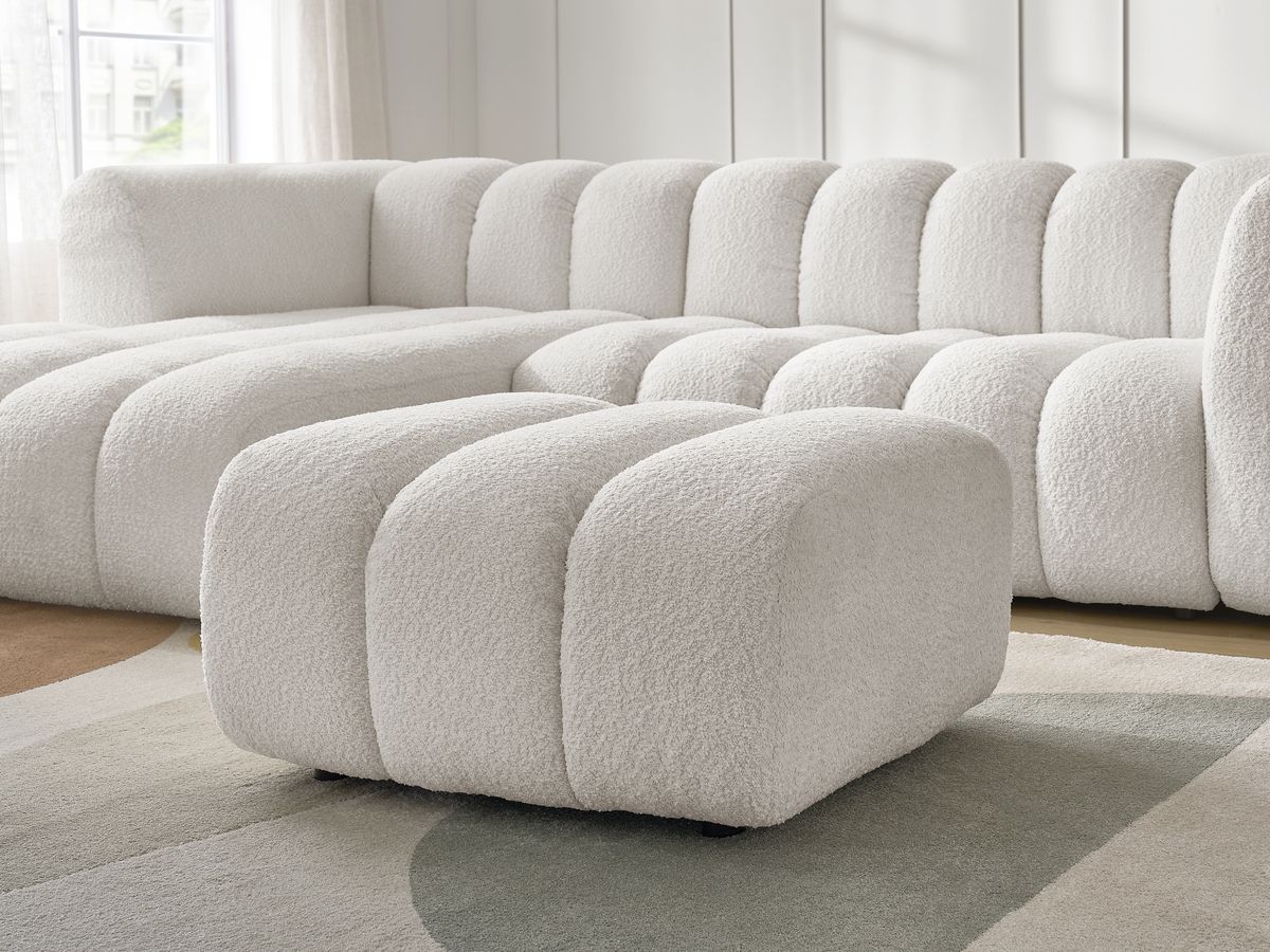 Canapé d'angle fixe TALIA tissu bouclette avec pouf