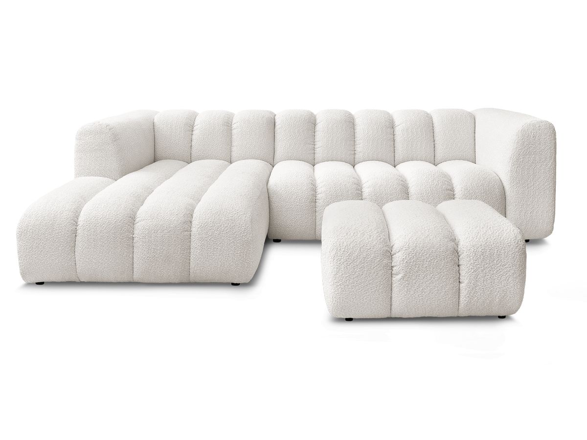 Canapé d'angle fixe TALIA tissu bouclette avec pouf