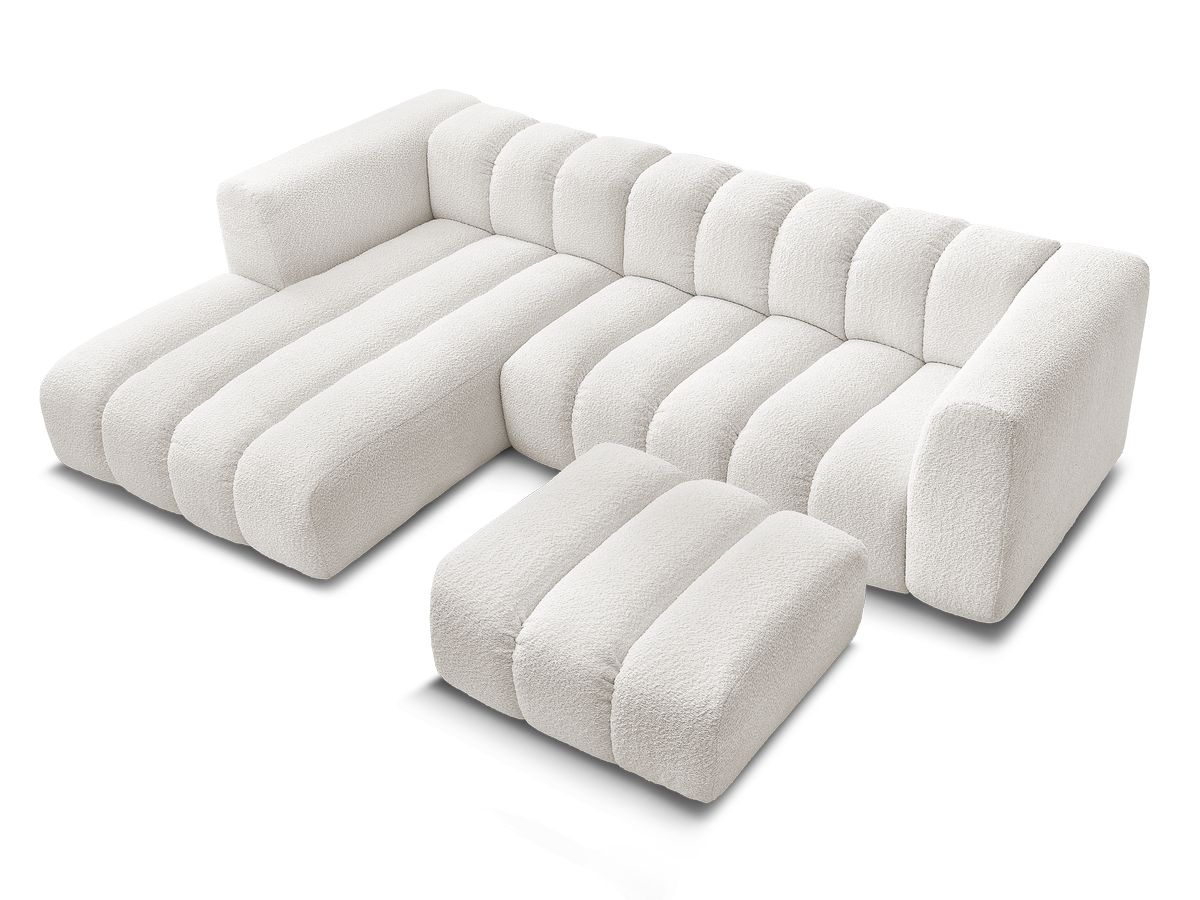 Canapé d'angle fixe TALIA tissu bouclette avec pouf