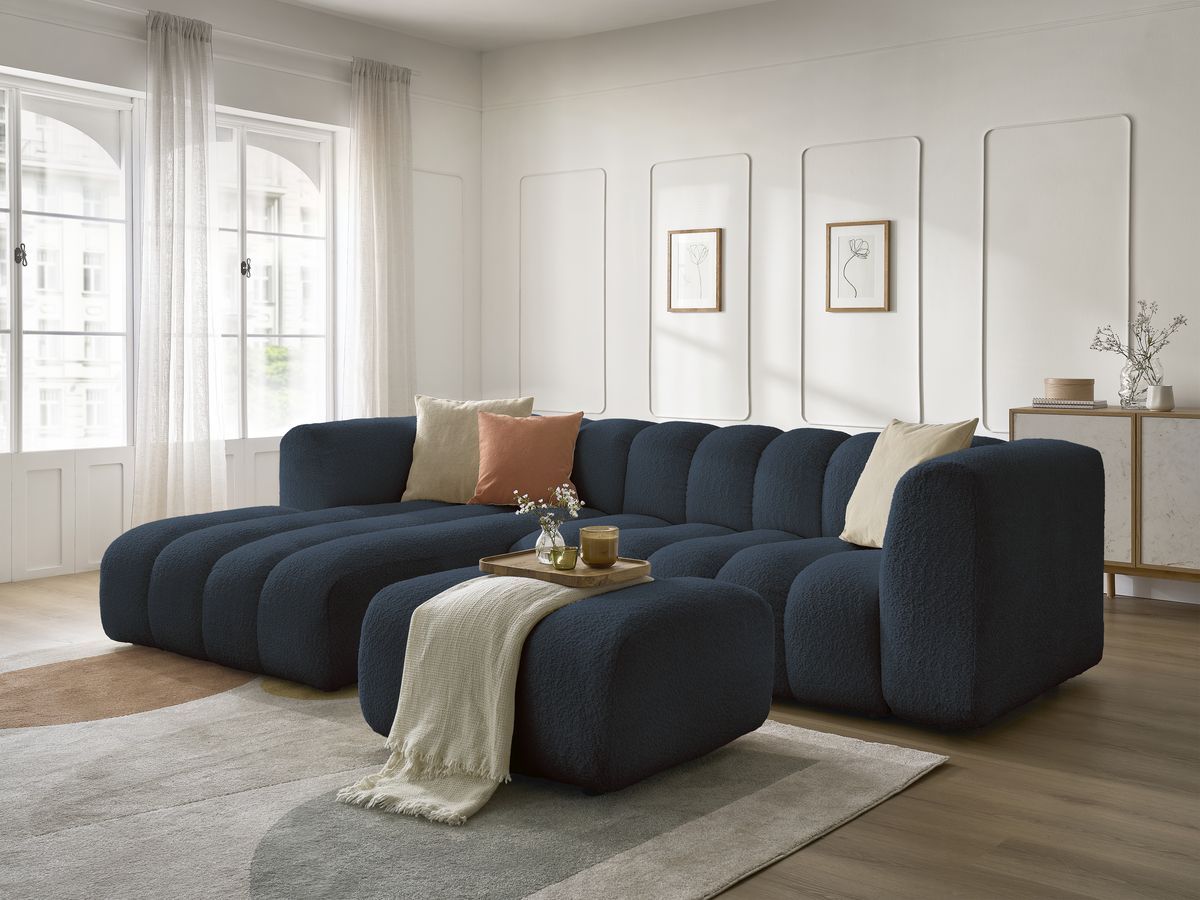 Canapé d'angle fixe TALIA tissu bouclette avec pouf