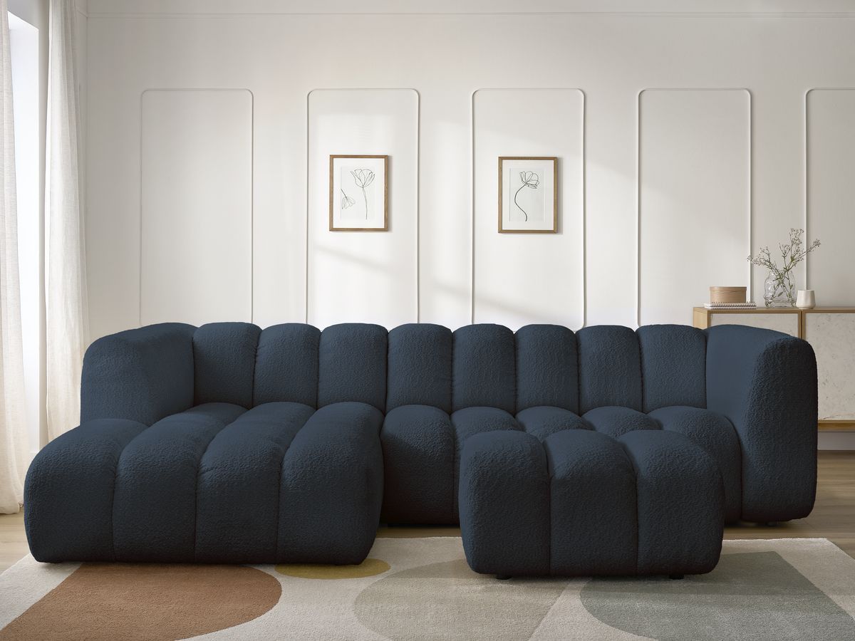 Canapé d'angle fixe TALIA tissu bouclette avec pouf bleu foncé angle gauche BOBOCHIC 4 places - Vue supplémentaire 3