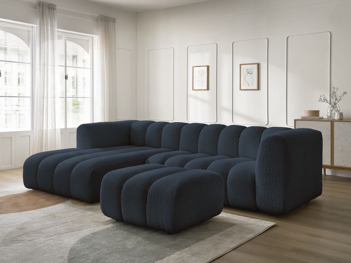 Canapé d'angle fixe TALIA tissu bouclette avec pouf