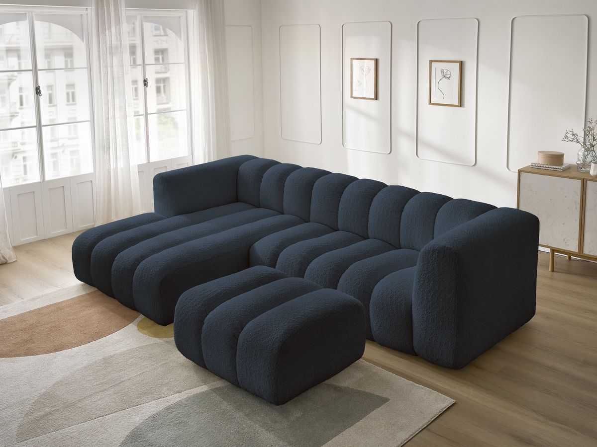 Canapé d'angle fixe TALIA tissu bouclette avec pouf