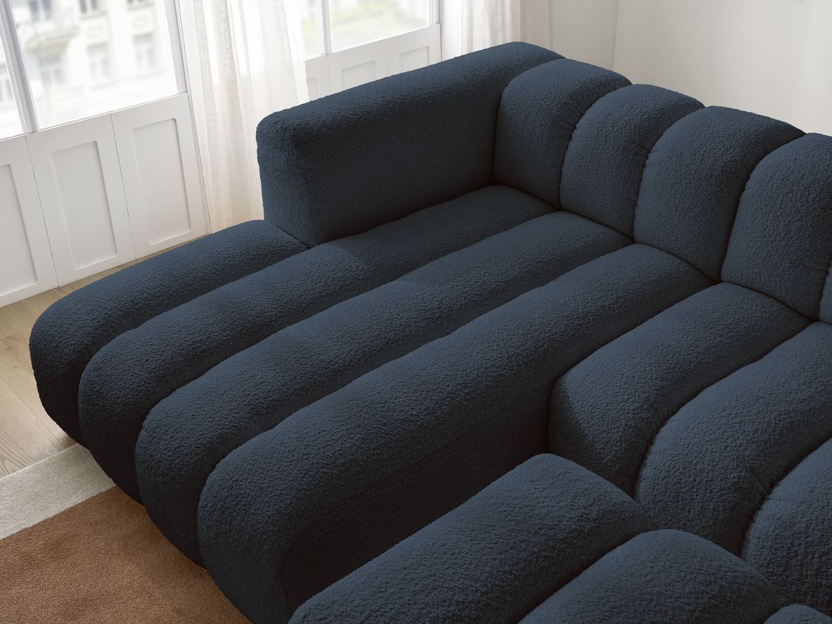 Canapé d'angle fixe TALIA tissu bouclette avec pouf