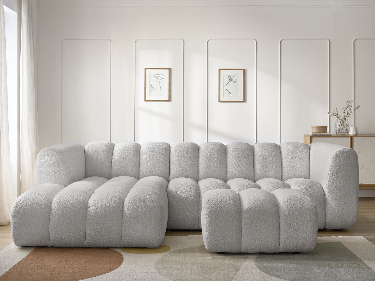 Canapé d'angle fixe TALIA tissu bouclette avec pouf gris clair angle gauche BOBOCHIC 4 places - Vue supplémentaire 3