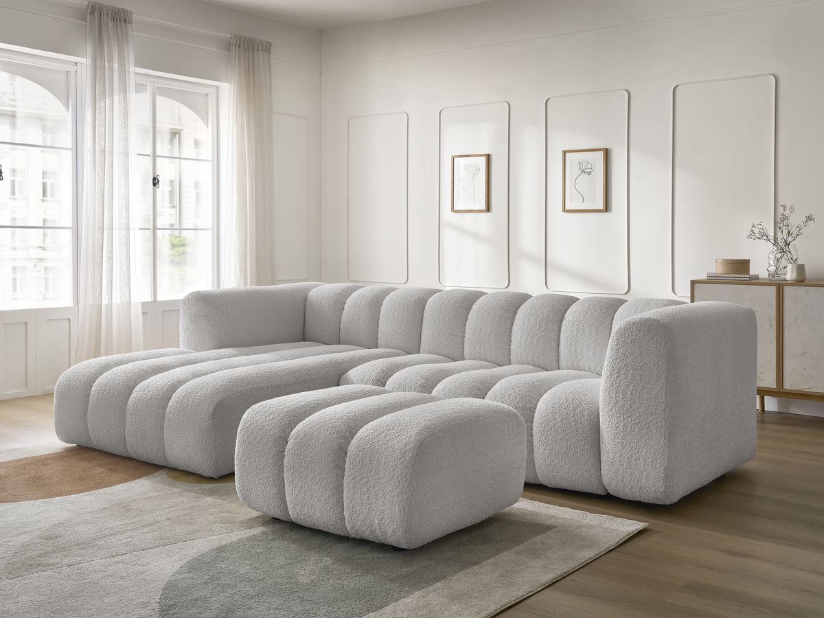 Canapé d'angle fixe TALIA tissu bouclette avec pouf