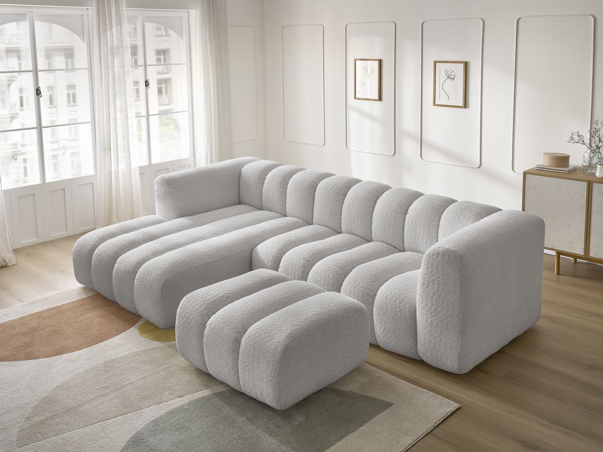 Canapé d'angle fixe TALIA tissu bouclette avec pouf
