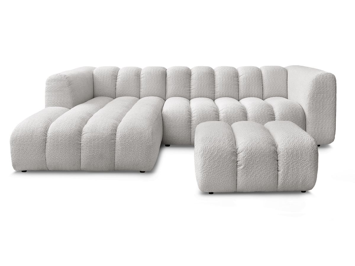 Canapé d'angle fixe TALIA tissu bouclette avec pouf