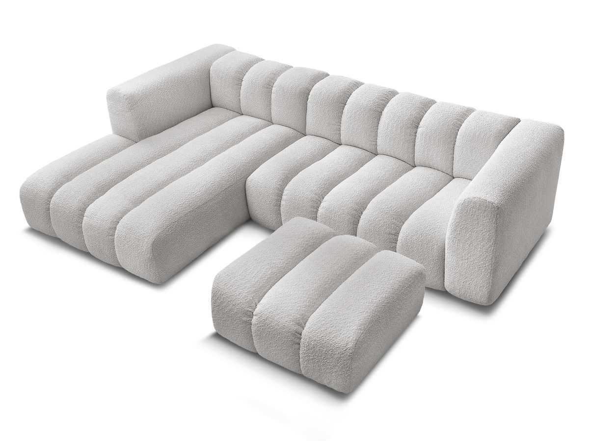 Canapé d'angle fixe TALIA tissu bouclette avec pouf