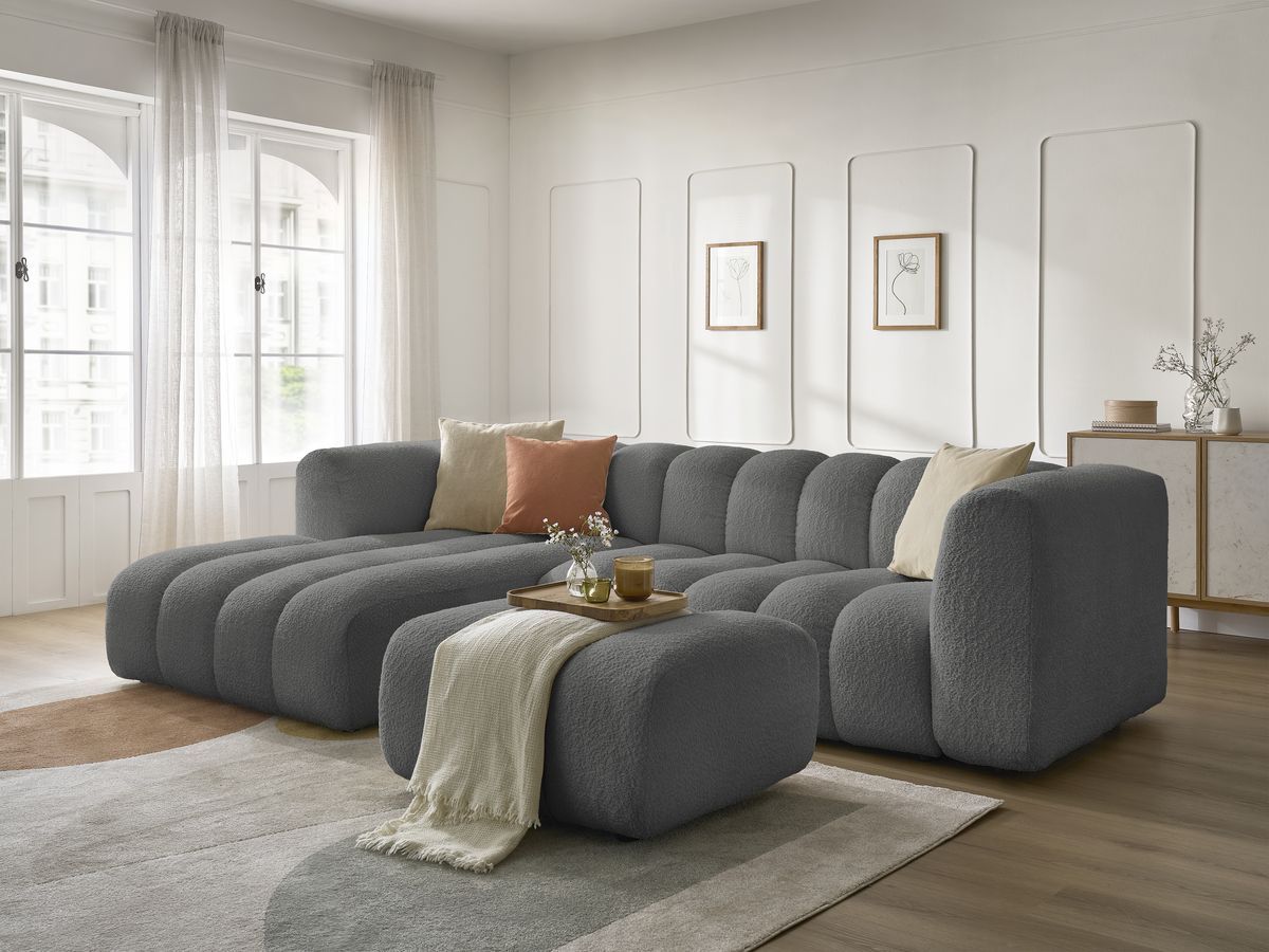 Canapé d'angle fixe TALIA tissu bouclette avec pouf
