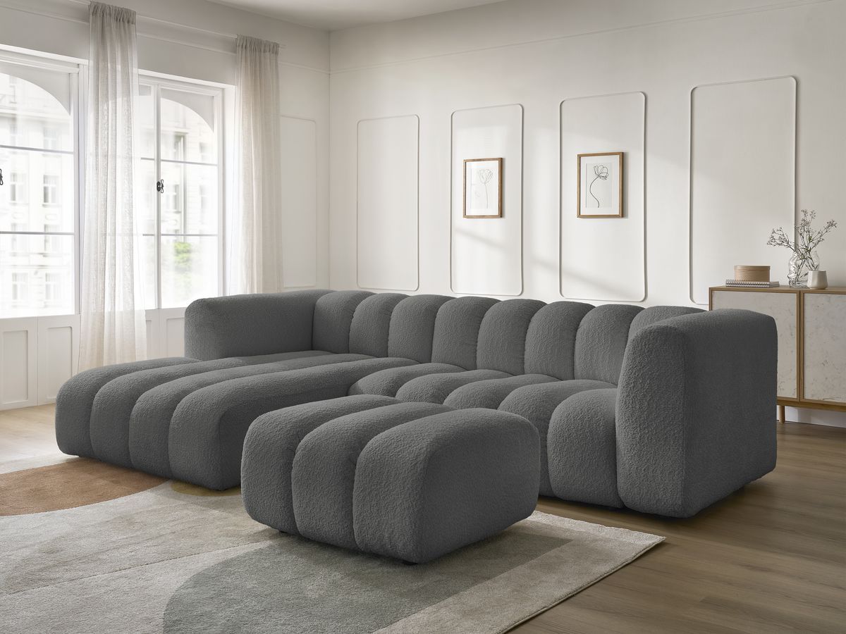 Canapé d'angle fixe TALIA tissu bouclette avec pouf