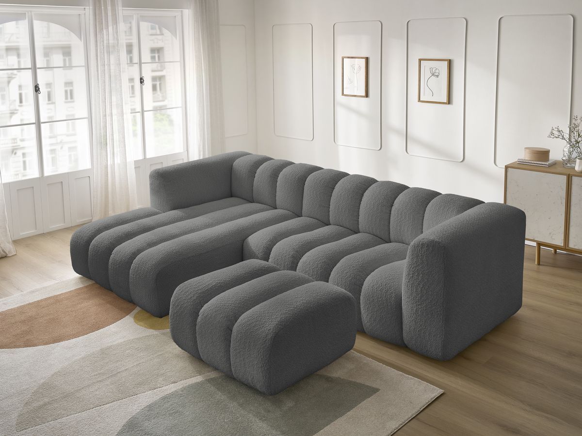 Canapé d'angle fixe TALIA tissu bouclette avec pouf