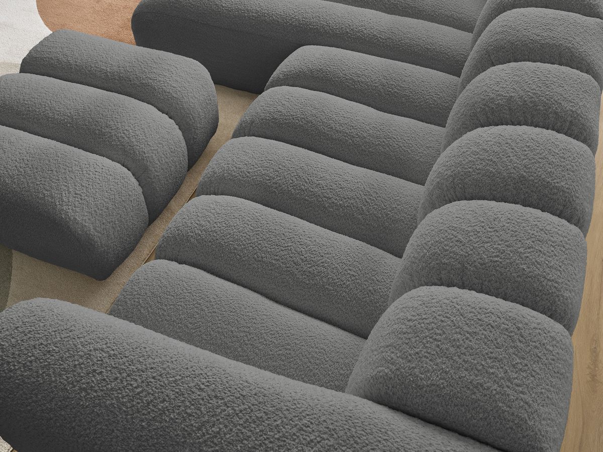 Canapé d'angle fixe TALIA tissu bouclette avec pouf