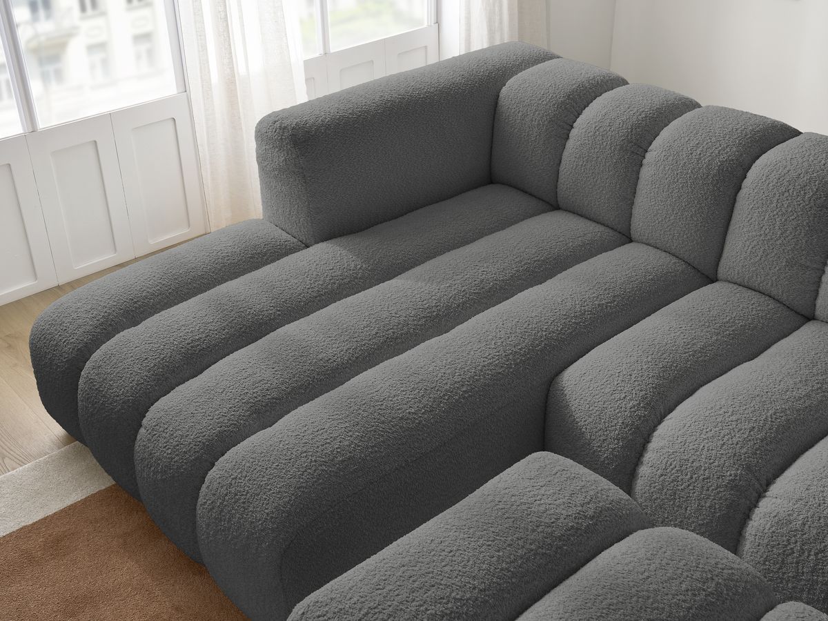 Canapé d'angle fixe TALIA tissu bouclette avec pouf