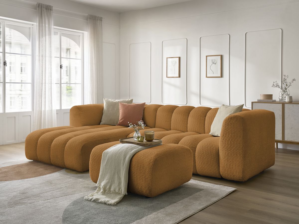 Canapé d'angle fixe TALIA tissu bouclette avec pouf