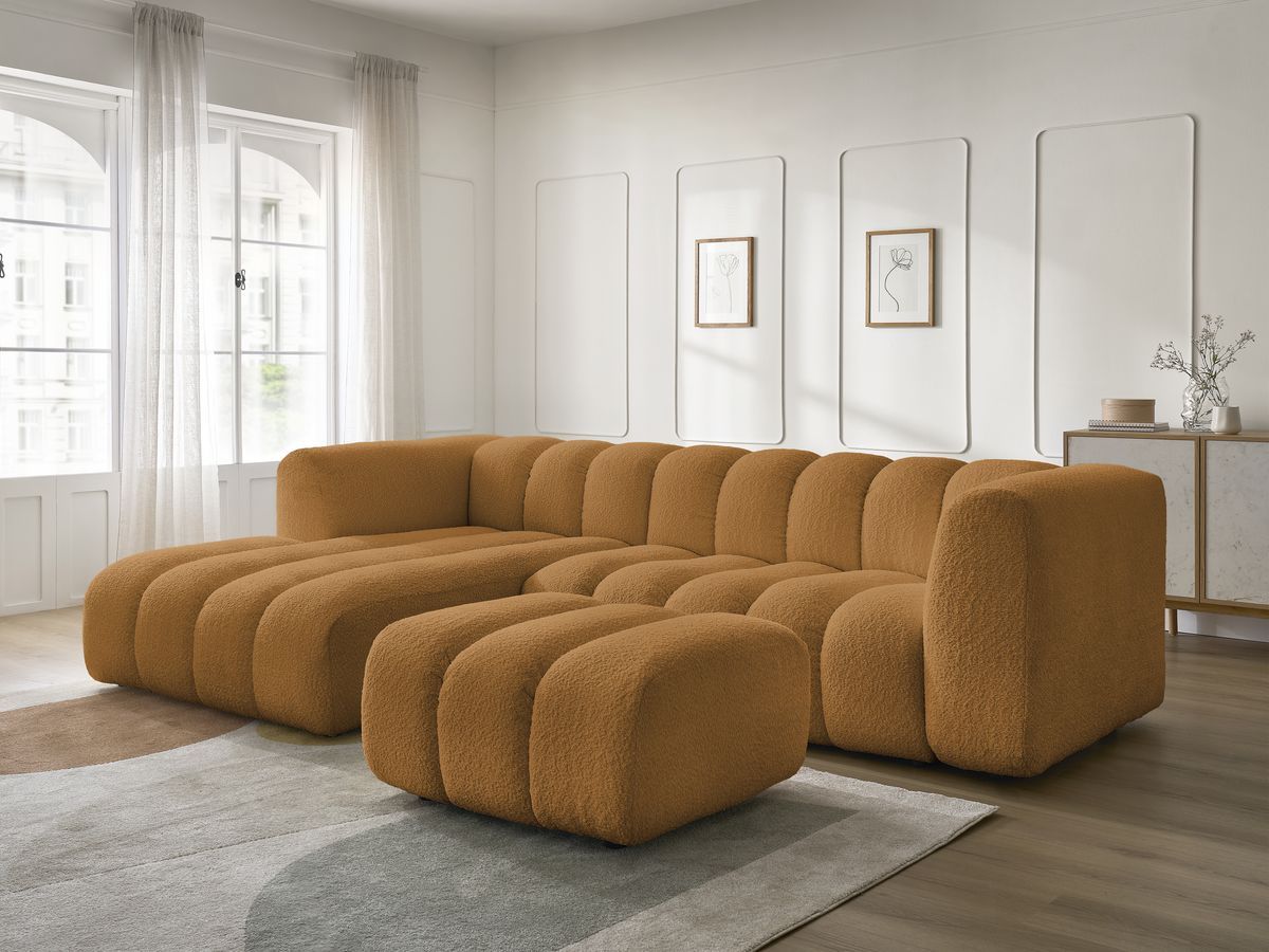 Canapé d'angle fixe TALIA tissu bouclette avec pouf