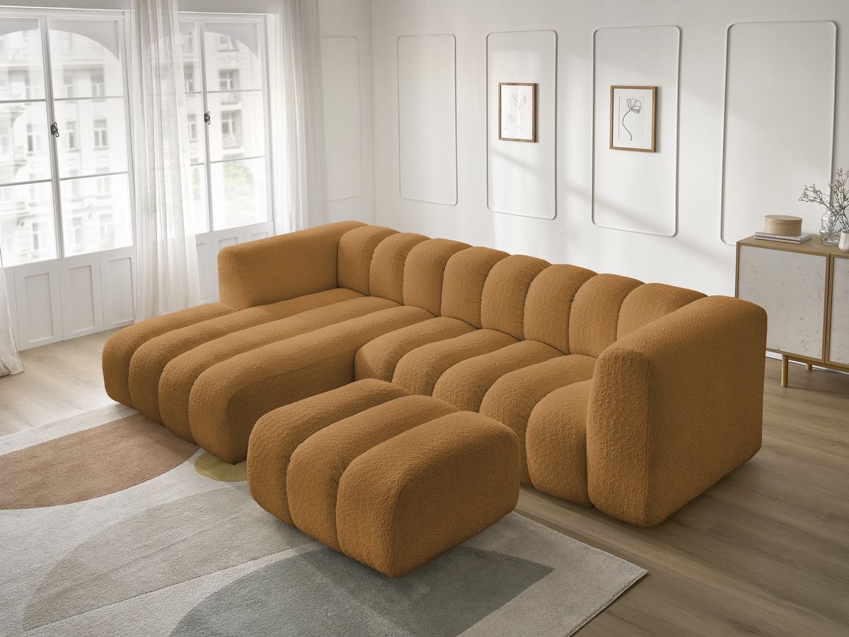 Canapé d'angle fixe TALIA tissu bouclette avec pouf