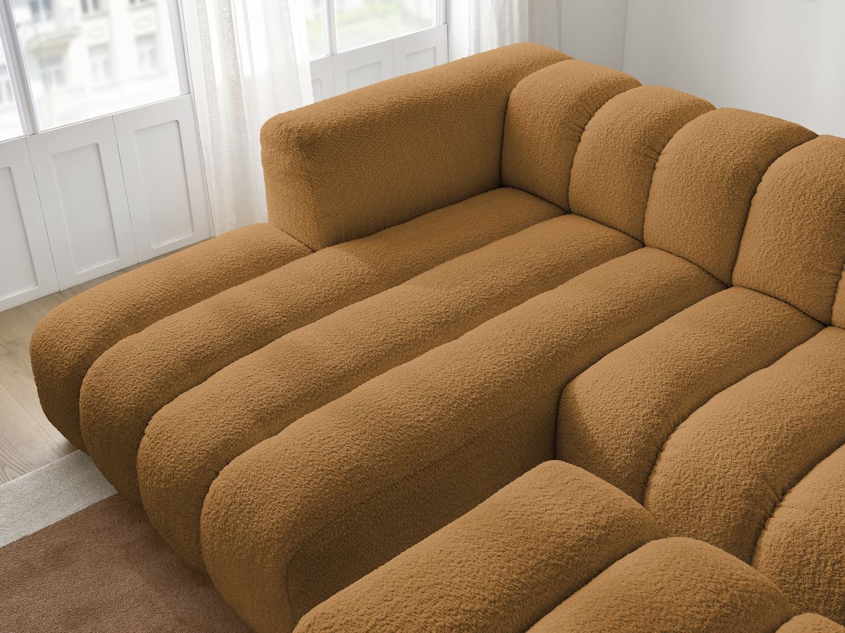 Canapé d'angle fixe TALIA tissu bouclette avec pouf
