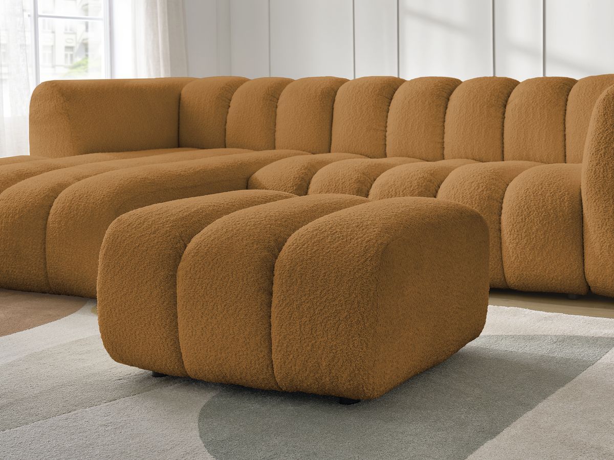 Canapé d'angle fixe TALIA tissu bouclette avec pouf