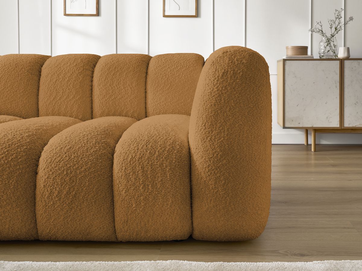 Canapé d'angle fixe TALIA tissu bouclette avec pouf