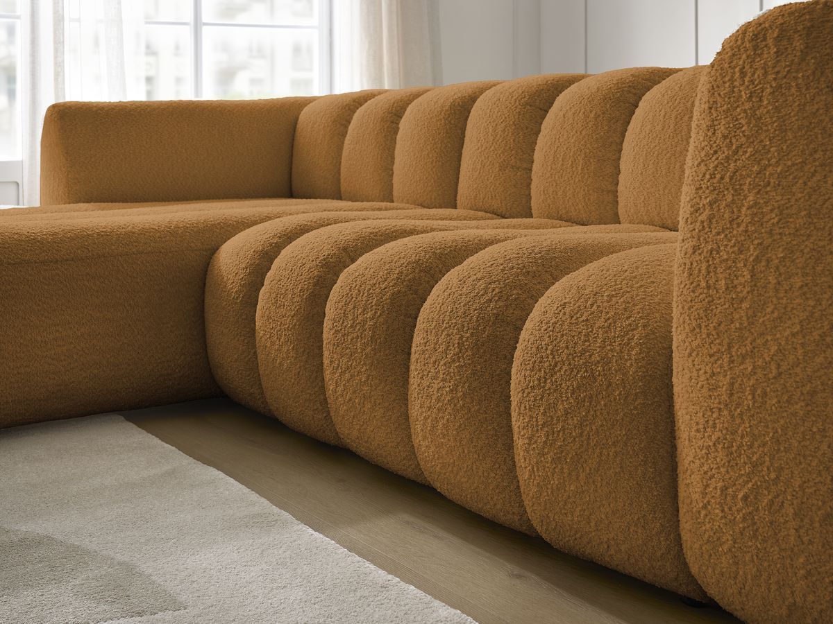 Canapé d'angle fixe TALIA tissu bouclette avec pouf
