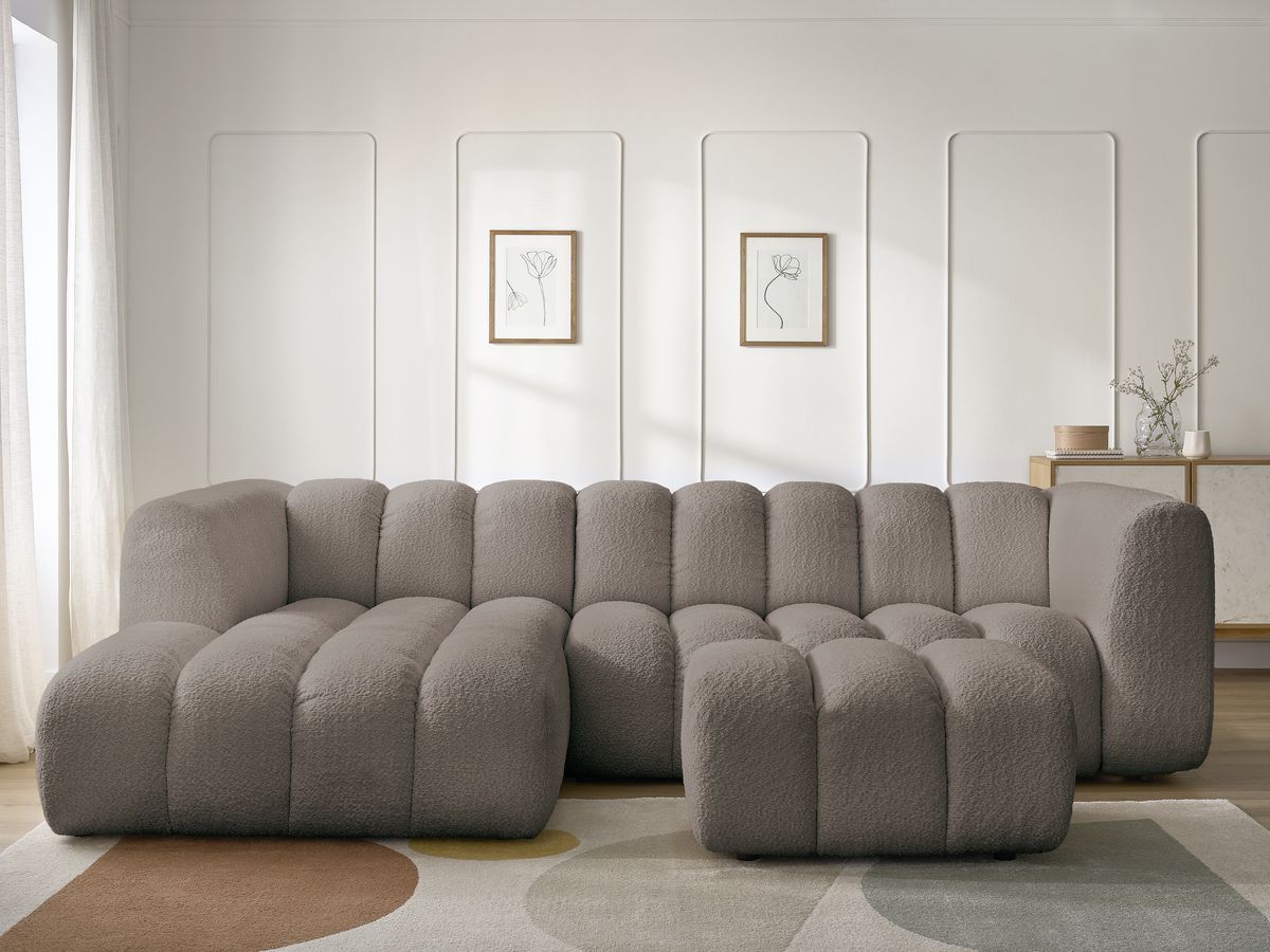 Canapé d'angle fixe TALIA tissu bouclette avec pouf marron angle gauche BOBOCHIC 4 places - Vue supplémentaire 3