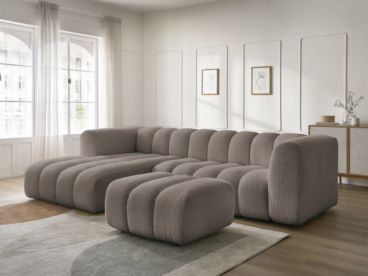 Canapé d'angle fixe TALIA tissu bouclette avec pouf