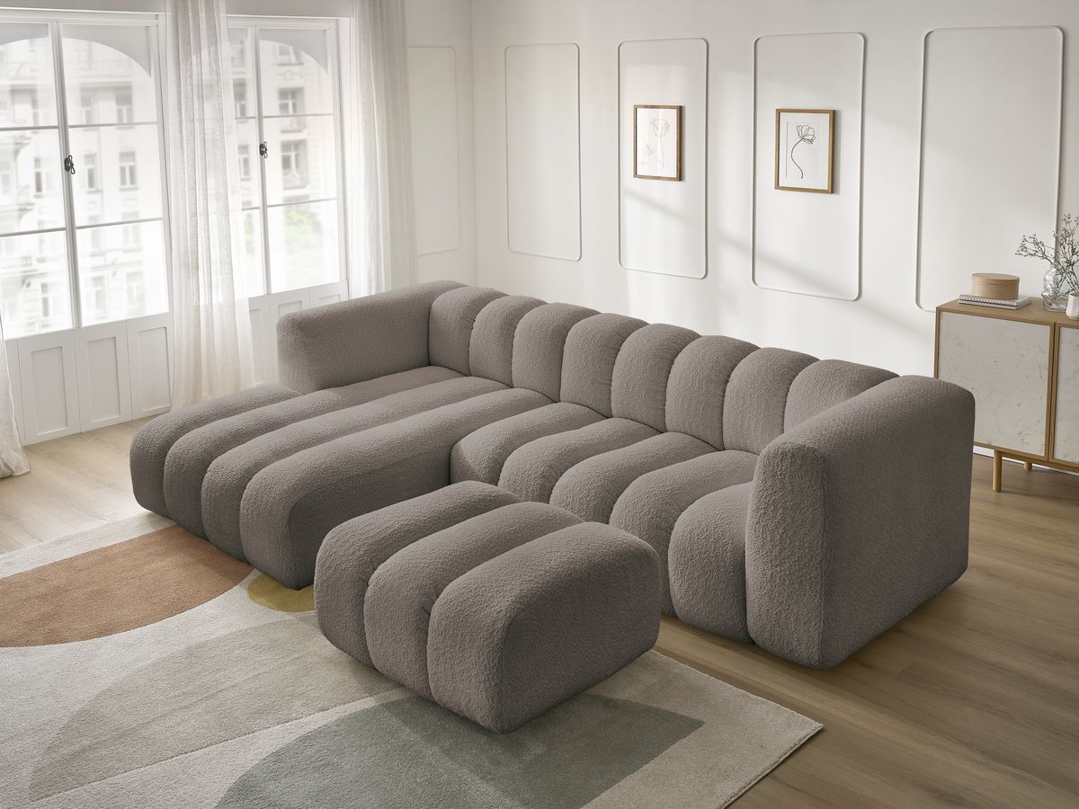 Canapé d'angle fixe TALIA tissu bouclette avec pouf