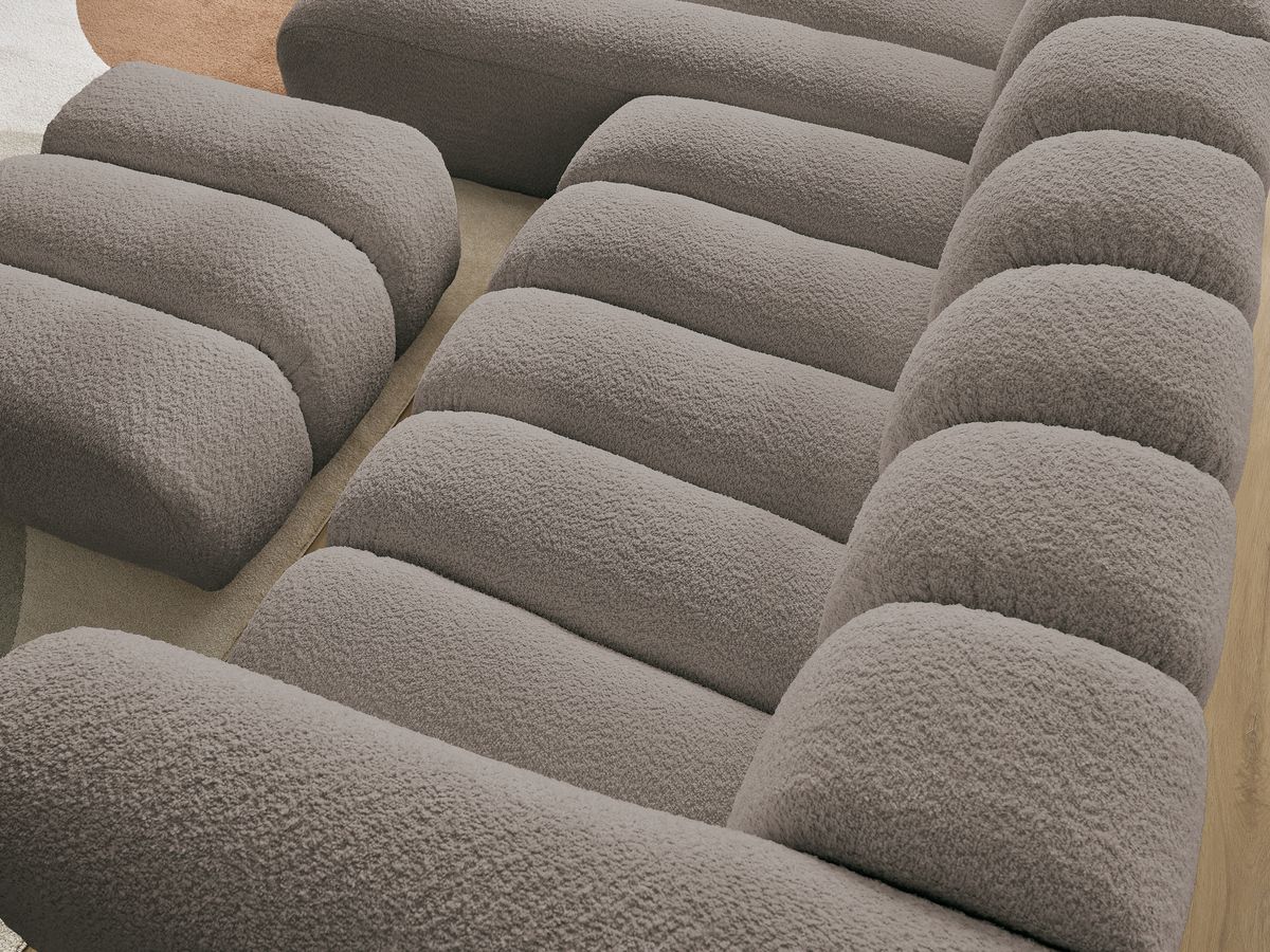 Canapé d'angle fixe TALIA tissu bouclette avec pouf