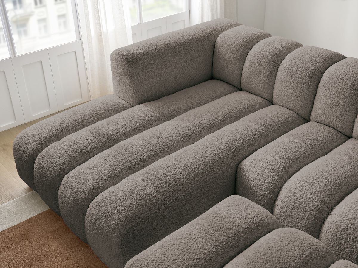 Canapé d'angle fixe TALIA tissu bouclette avec pouf