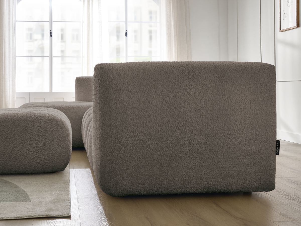 Canapé d'angle fixe TALIA tissu bouclette avec pouf