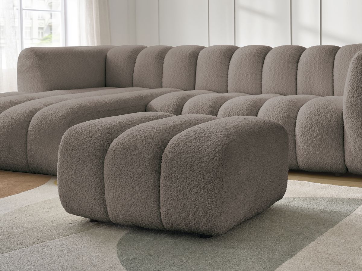 Canapé d'angle fixe TALIA tissu bouclette avec pouf
