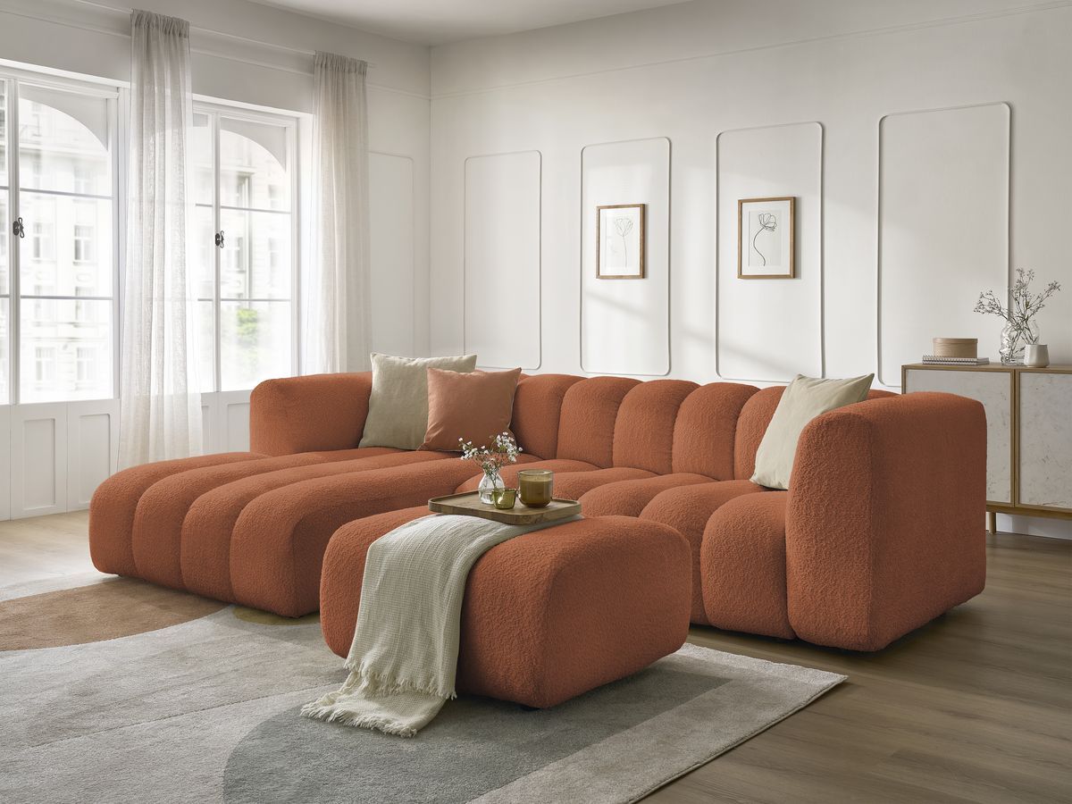 Canapé d'angle fixe TALIA tissu bouclette avec pouf