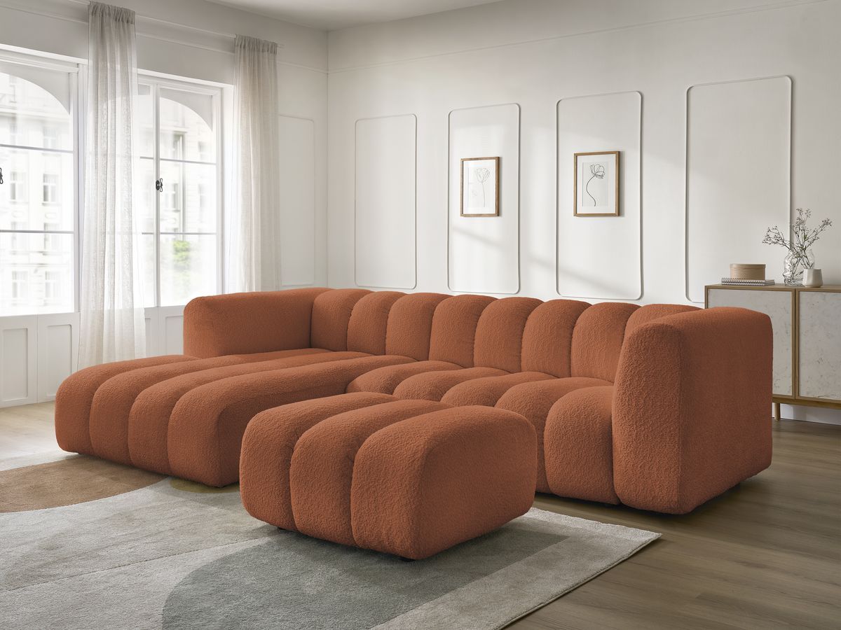 Canapé d'angle fixe TALIA tissu bouclette avec pouf