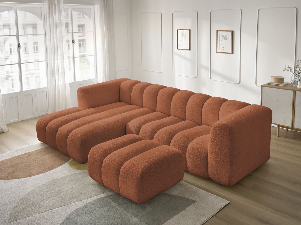 Canapé d'angle fixe TALIA tissu bouclette avec pouf