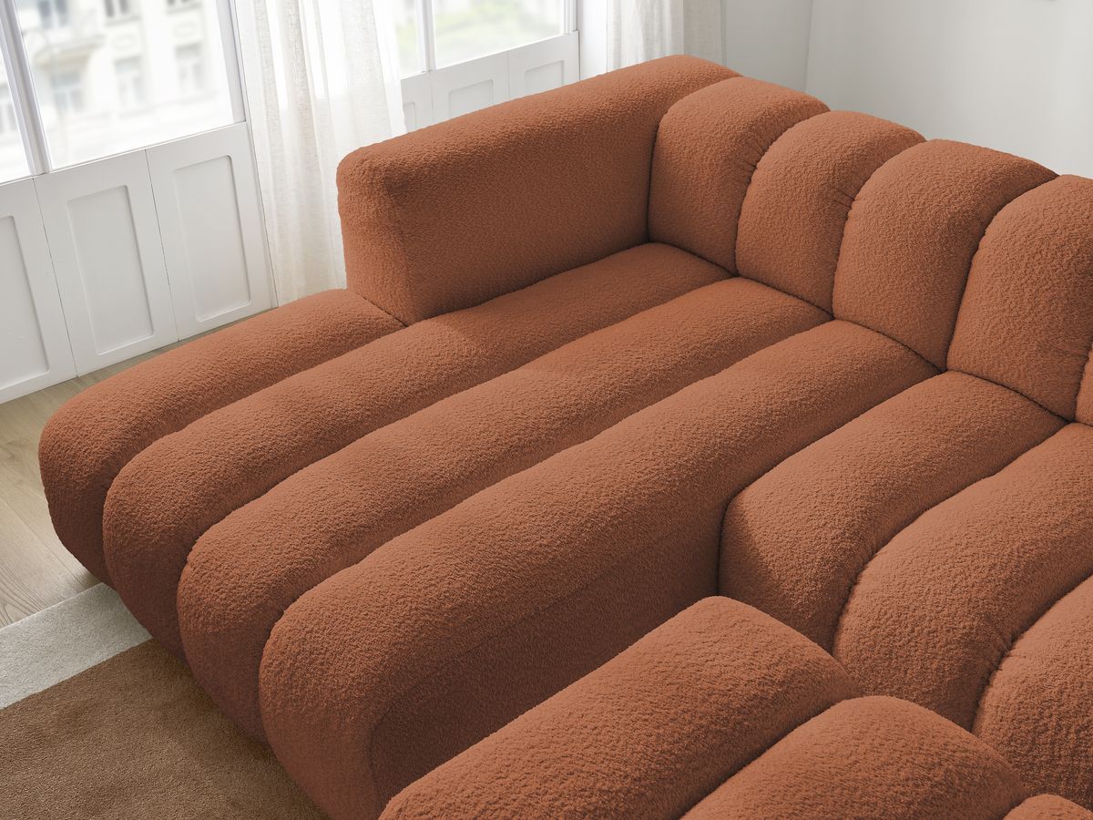 Canapé d'angle fixe TALIA tissu bouclette avec pouf