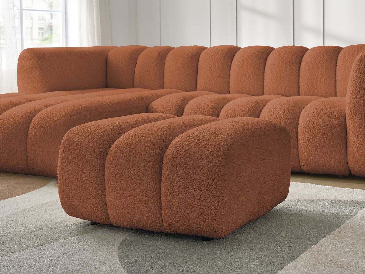 Canapé d'angle fixe TALIA tissu bouclette avec pouf