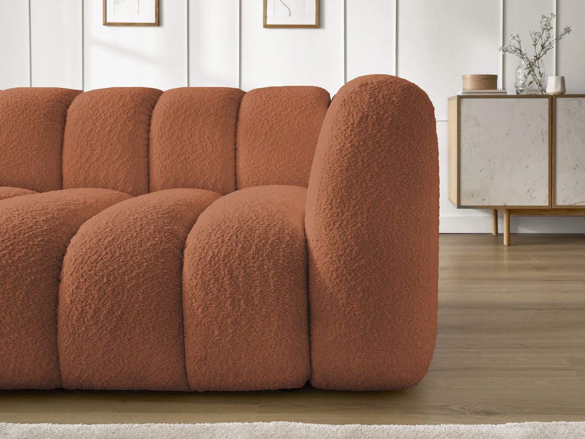 Canapé d'angle fixe TALIA tissu bouclette avec pouf