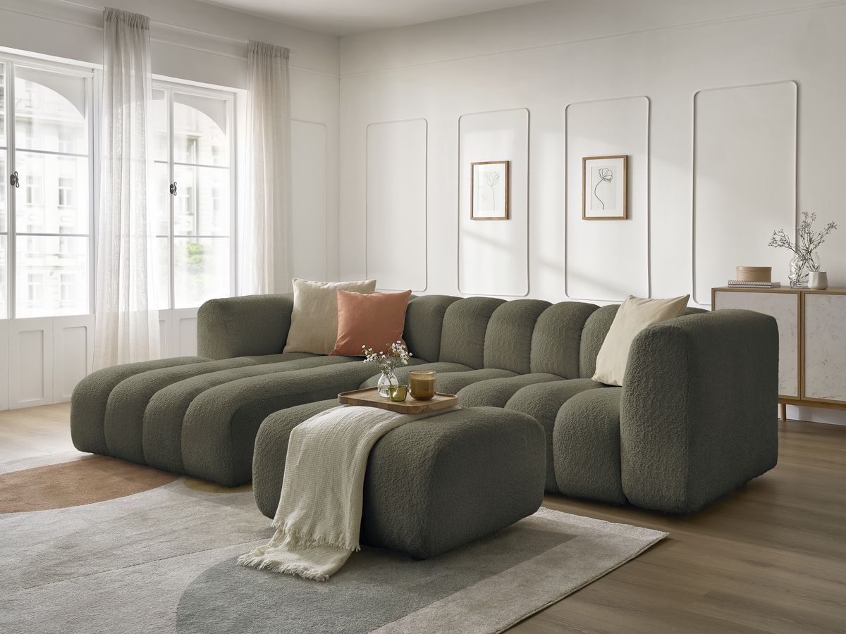 Canapé d'angle fixe TALIA tissu bouclette avec pouf