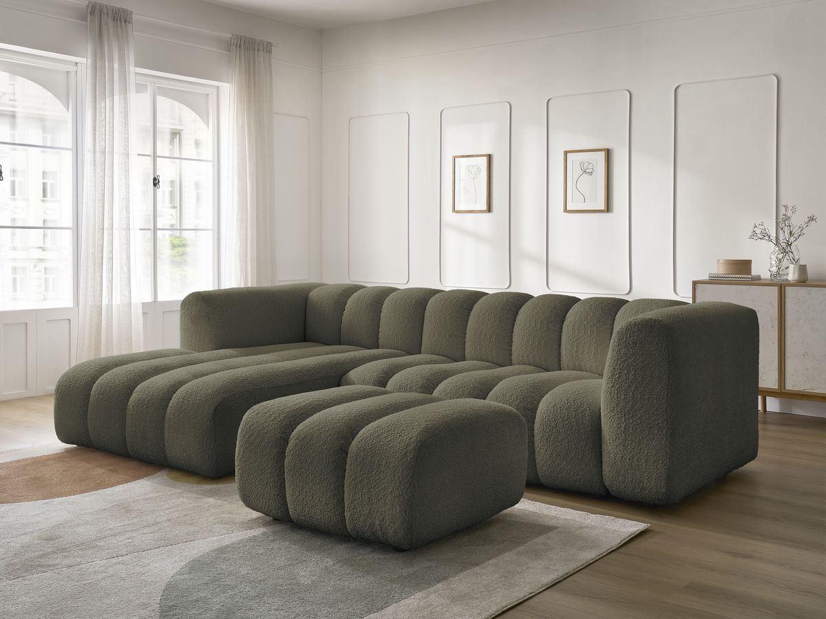 Canapé d'angle fixe TALIA tissu bouclette avec pouf