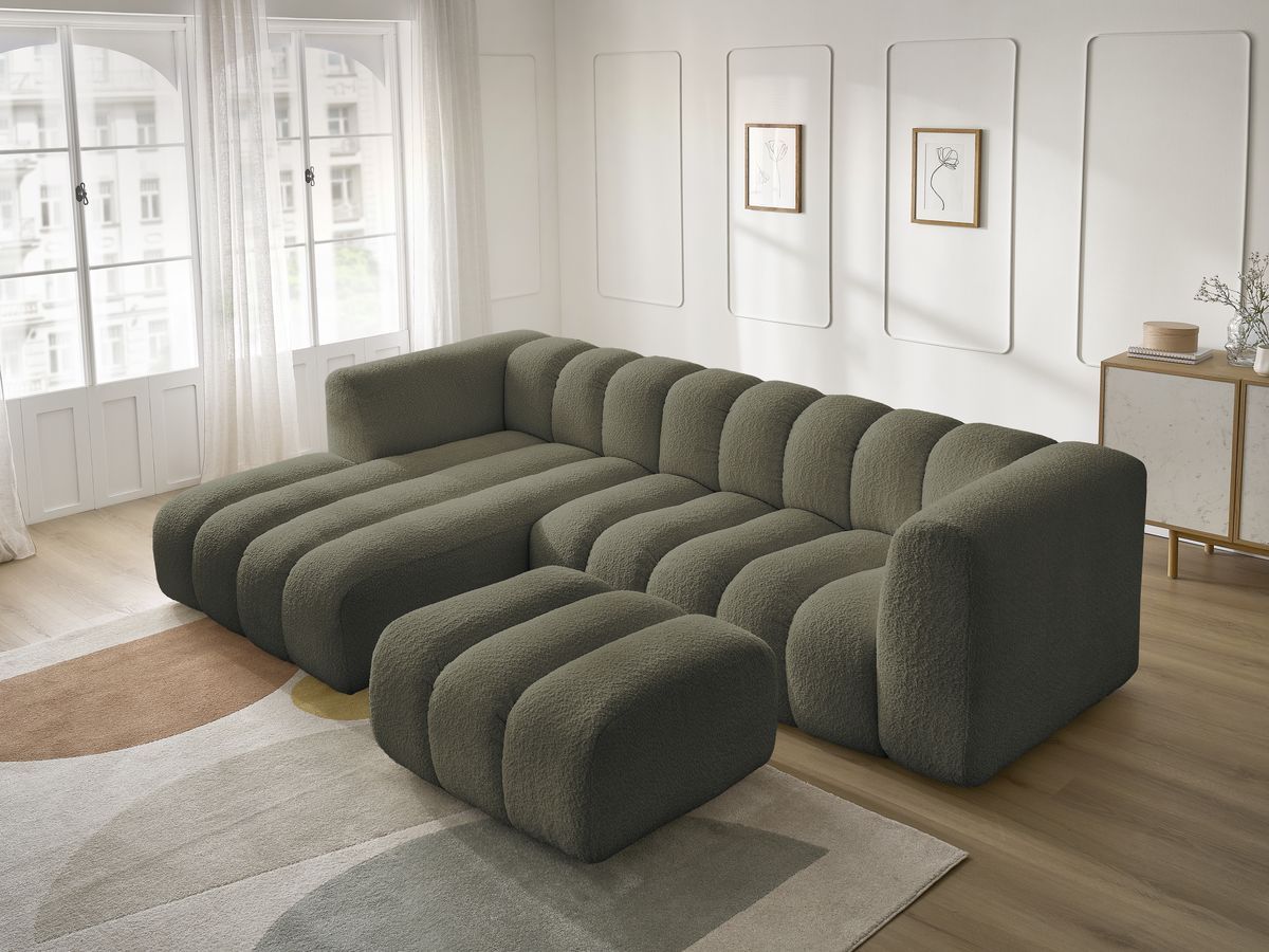 Canapé d'angle fixe TALIA tissu bouclette avec pouf