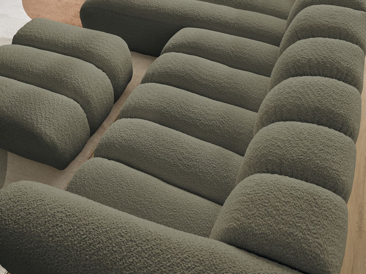Canapé d'angle fixe TALIA tissu bouclette avec pouf