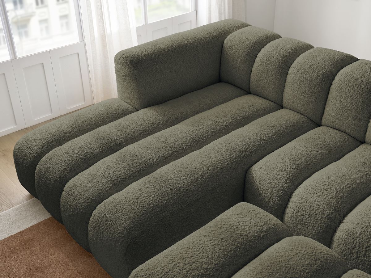 Canapé d'angle fixe TALIA tissu bouclette avec pouf