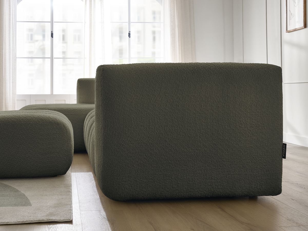 Canapé d'angle fixe TALIA tissu bouclette avec pouf