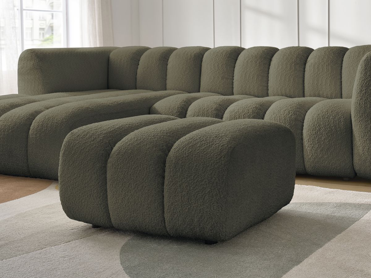 Canapé d'angle fixe TALIA tissu bouclette avec pouf