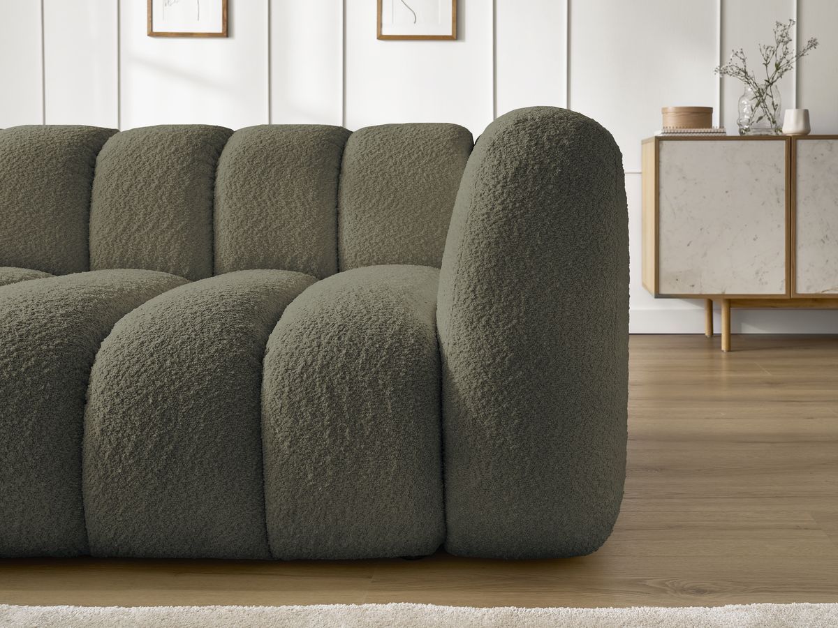 Canapé d'angle fixe TALIA tissu bouclette avec pouf