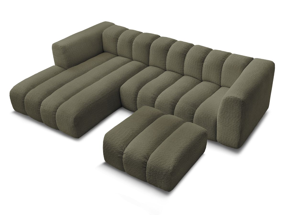 Canapé d'angle fixe TALIA tissu bouclette avec pouf